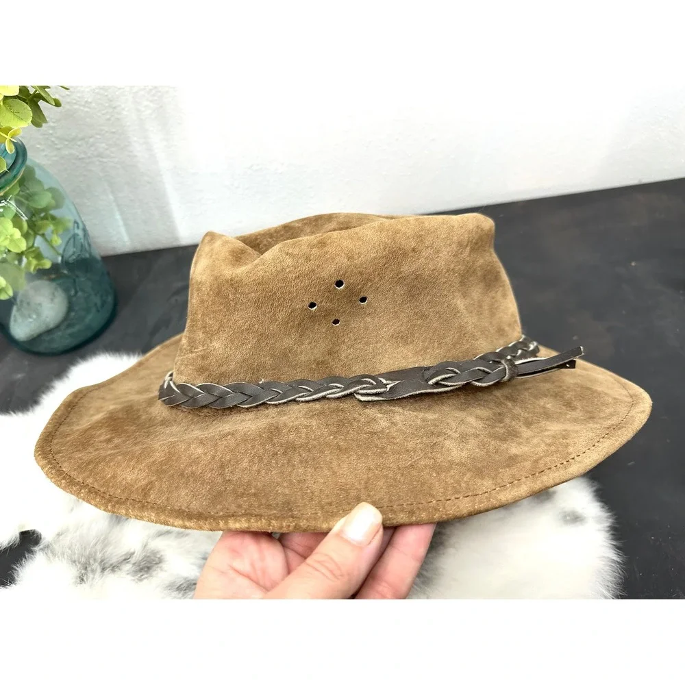 Suede leather outback hat Australia genuine leather tan braided vintage large‎